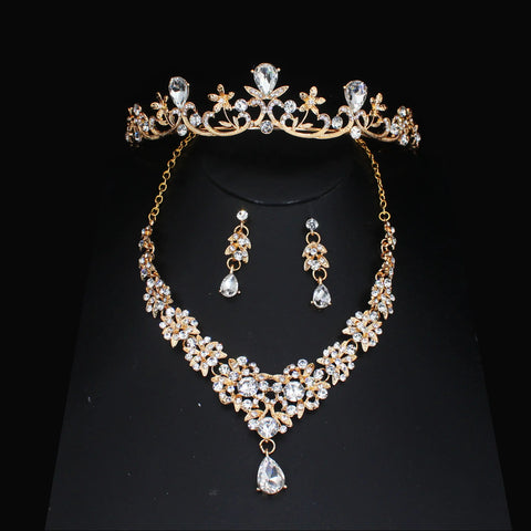 Luxury Bridal Jewelry Sets Women/Girl Gold Color Tiara/Crown Earrings Choker Necklace Bride Jewelry Set Ewkiki