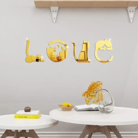 3D LOVE Cat Mirror Wall Sticker Acrylic Paste Home Decoration Cats Wallpaper Bathroom Bedroom Living Door Modern Home Decoration Ewkiki