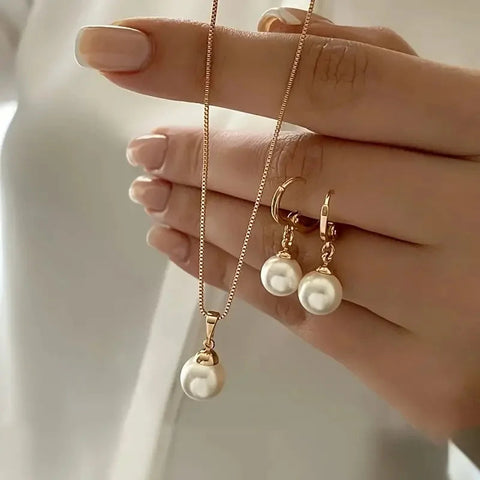 3 Pcs Round Pearl Jewelry Set Of Earring Pendant Necklace For Women Exquisite Fashion Rhinestone Double Wedding Jewelry Set Gift Ewkiki