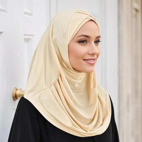 Crossed Forehead Muslim Instant Hijab Women Cotton Hijab Solid Color Crinkle Turban Soft Cotton Hemp Hijab Underscarf Cover Chin Ewkiki