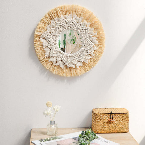 Boho Home Decoration Straw Hand-woven Mirror Wall Decoration Home Decoration Mirrors Bedroom  Macrame Wall Hanging - Ewkiki