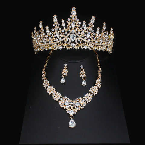 Luxury Bridal Jewelry Sets Women/Girl Gold Color Tiara/Crown Earrings Choker Necklace Bride Jewelry Set Ewkiki