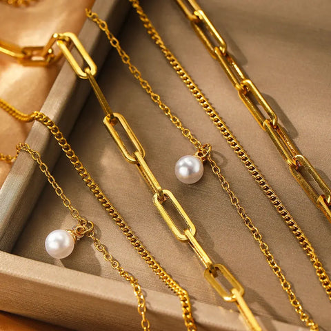 Stainless Steel Jewelry Set Elegant Delicate Pearl Pendant Jewelry Set Luxury Multi-Layer Chain Jewelry Set For Women Jewelry Ewkiki