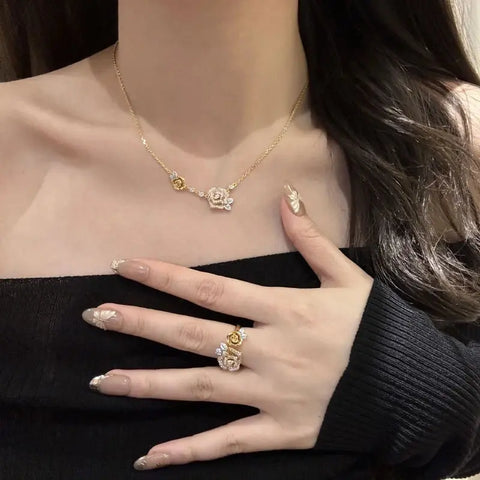 Romantic Sparkling Yellow Rose flower jewelry sets Luxury Exquisite Wedding Engagement inlay Diamond Bracelet Necklace Ring Ewkiki