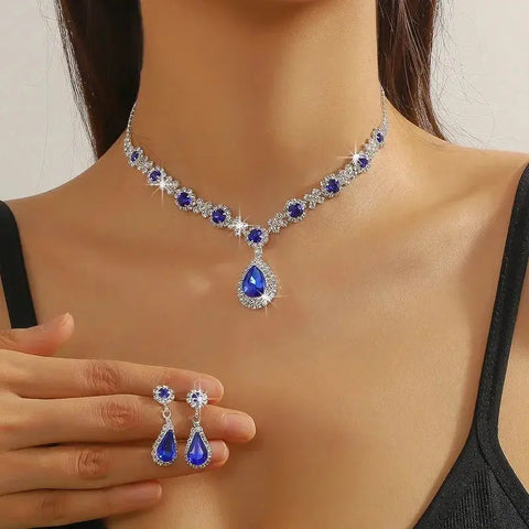 2pcs/set Jewelry Sets Women Elegant Waterdrop Rhinestone Pendant Necklace stud Earrings Wedding Dress Bridal Jewelry Set Ewkiki