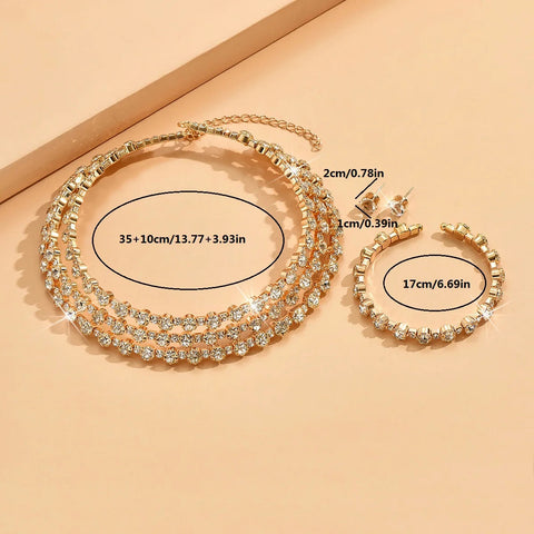 4-piece women's jewelry set with rhinestones, multi-layer collars, earrings, bracelets, wedding party accessories Ewkiki