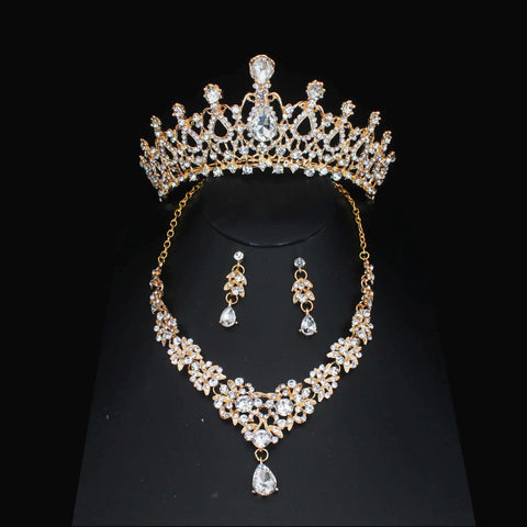 Luxury Bridal Jewelry Sets Women/Girl Gold Color Tiara/Crown Earrings Choker Necklace Bride Jewelry Set Ewkiki