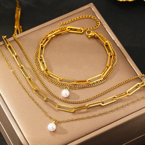 Stainless Steel Jewelry Set Elegant Delicate Pearl Pendant Jewelry Set Luxury Multi-Layer Chain Jewelry Set For Women Jewelry Ewkiki