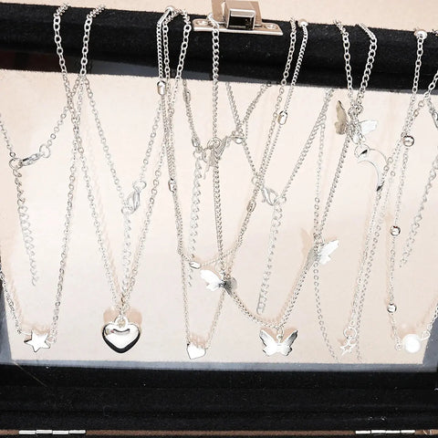 51 Pcs/Set Silver Color Chic Jewelry Set For Women Fashion Butterfly Heart Pearl Necklaces, Earrings, Rings, Match Daily Outfits Ewkiki