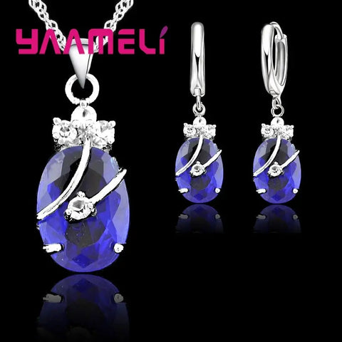 New Fashion Vintage Jewelry Sets For Women 925 Sterling Silver Crystal Stone Pendant Charms Wedding Necklace Hoop Earrings Ewkiki