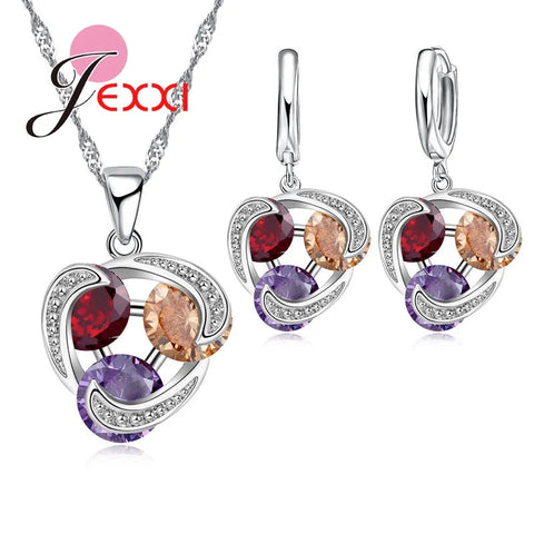 Colorful Crystal Jewelry Set for Female Girls 925 Sterling Silver Pendant Necklaces Earrings Set Women Wedding Accessorie Ewkiki