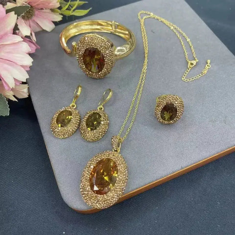 one set jewelry women's baroque and oval zircon brown RING/bracelet/pendant necklace earrings Ewkiki