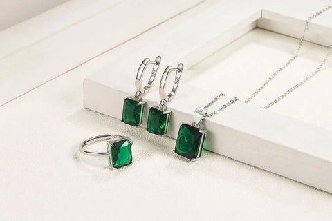 925 Sterling Silver Elegant Jewelry Sets Ring Earrings Necklace For Women Rectangle Geometry Zircon Wedding Accessories Ewkiki