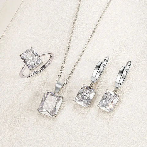 925 Sterling Silver Elegant Jewelry Sets Ring Earrings Necklace For Women Rectangle Geometry Zircon Wedding Accessories Ewkiki