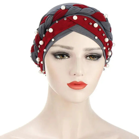Indian Muslim Women Two Color Hijab Milk Silk Chemical Hat Braided Bead Hijab Islamic Hijab Ladies Bicolor Pearl Baotou Cap Ewkiki