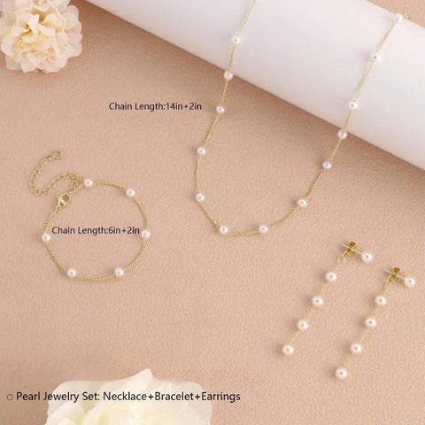 Gold Jewelry Set for Women, Dainty 14K Gold/Silver Plated Pearl Necklace and Earring Set with Drop Earrings Bracelets Necklace Ewkiki