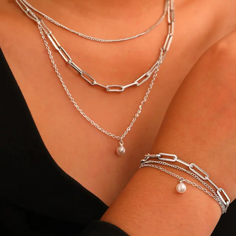 Stainless Steel Jewelry Set Elegant Delicate Pearl Pendant Jewelry Set Luxury Multi-Layer Chain Jewelry Set For Women Jewelry Ewkiki