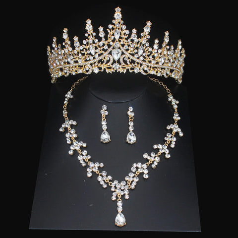 Luxury Bridal Jewelry Sets Women/Girl Gold Color Tiara/Crown Earrings Choker Necklace Bride Jewelry Set Ewkiki