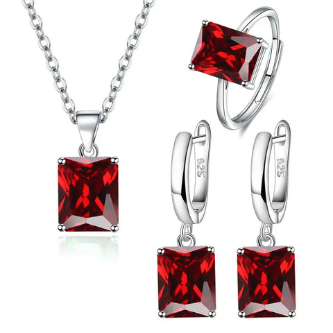 925 Sterling Silver Elegant Jewelry Sets Ring Earrings Necklace For Women Rectangle Geometry Zircon Wedding Accessories Ewkiki