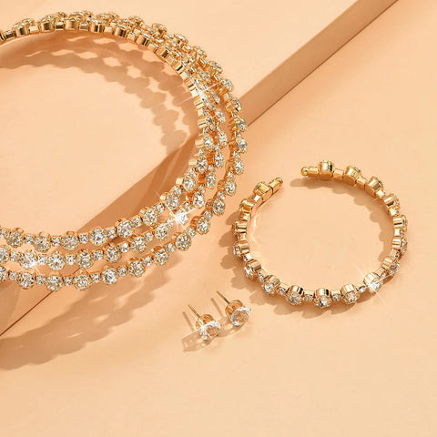 4-piece women's jewelry set with rhinestones, multi-layer collars, earrings, bracelets, wedding party accessories Ewkiki
