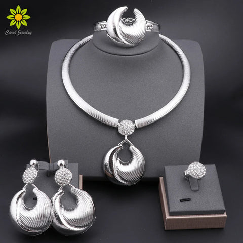 Dubai Jewelry Set For Women Silver Plated Luxury Necklace Earrings Bracelet And Ring Set Jewelry For Wedding Party Trending ﻿ Ewkiki