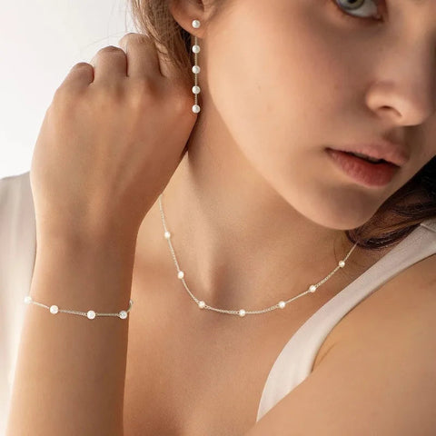Gold Jewelry Set for Women, Dainty 14K Gold/Silver Plated Pearl Necklace and Earring Set with Drop Earrings Bracelets Necklace Ewkiki