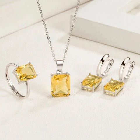 925 Sterling Silver Elegant Jewelry Sets Ring Earrings Necklace For Women Rectangle Geometry Zircon Wedding Accessories Ewkiki
