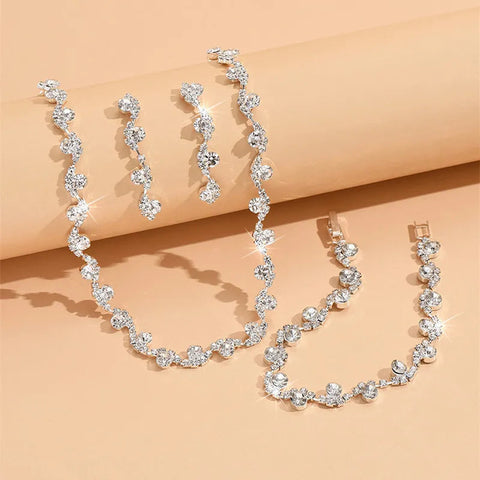 New Fashion Wedding Jewelry Sets Crystal Decoration Choker Necklace Earrings Bracelet Sets Shining Bridal Jewelry Set Ewkiki