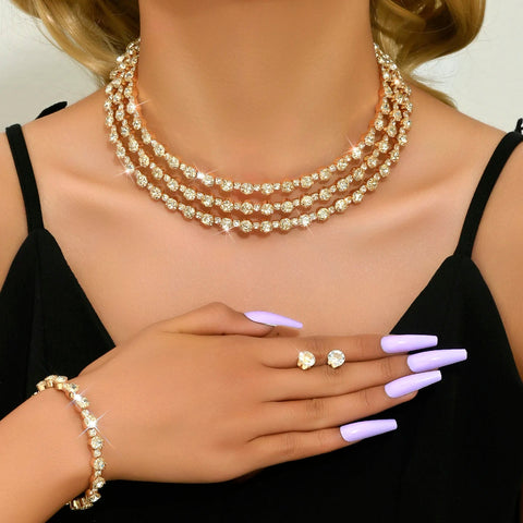 4-piece women's jewelry set with rhinestones, multi-layer collars, earrings, bracelets, wedding party accessories Ewkiki