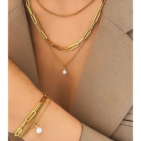 Stainless Steel Jewelry Set Elegant Delicate Pearl Pendant Jewelry Set Luxury Multi-Layer Chain Jewelry Set For Women Jewelry Ewkiki