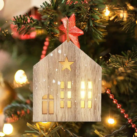 Christmas Wooden House Decor Christmas Led Light Wooden House Decorations Tabletop Hangable Ornaments Christmas Party Supplies Ewkiki