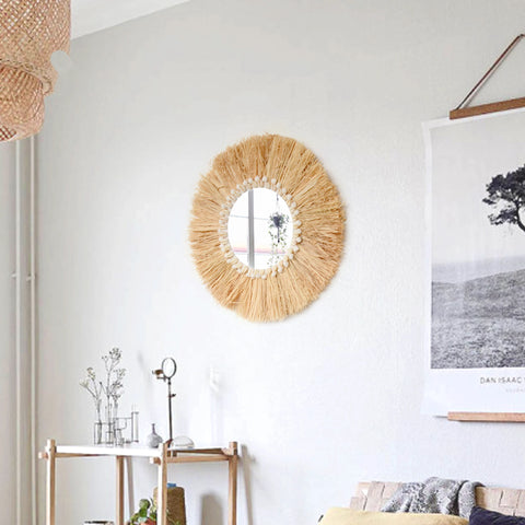 Boho Home Decoration Straw Hand-woven Mirror Wall Decoration Home Decoration Mirrors Bedroom  Macrame Wall Hanging - Ewkiki