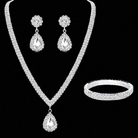 4 Pieces Luxurious Jewelry Set Exquisite Rhinestone Pendant Elegant Women's Crystal Silver Plated Necklace Earrings Bracelet Set Ewkiki