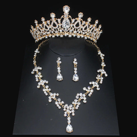 Luxury Bridal Jewelry Sets Women/Girl Gold Color Tiara/Crown Earrings Choker Necklace Bride Jewelry Set Ewkiki