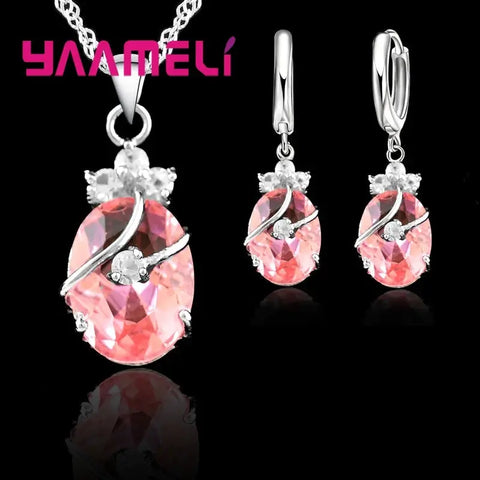 New Fashion Vintage Jewelry Sets For Women 925 Sterling Silver Crystal Stone Pendant Charms Wedding Necklace Hoop Earrings Ewkiki