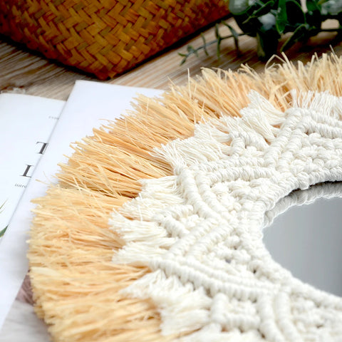 Boho Home Decoration Straw Hand-woven Mirror Wall Decoration Home Decoration Mirrors Bedroom  Macrame Wall Hanging - Ewkiki