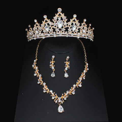 Luxury Bridal Jewelry Sets Women/Girl Gold Color Tiara/Crown Earrings Choker Necklace Bride Jewelry Set Ewkiki