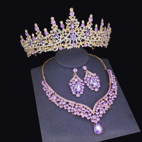 Luxury Bridal Jewelry Sets Women/Girl Gold Color Tiara/Crown Earrings Choker Necklace Bride Jewelry Set Ewkiki