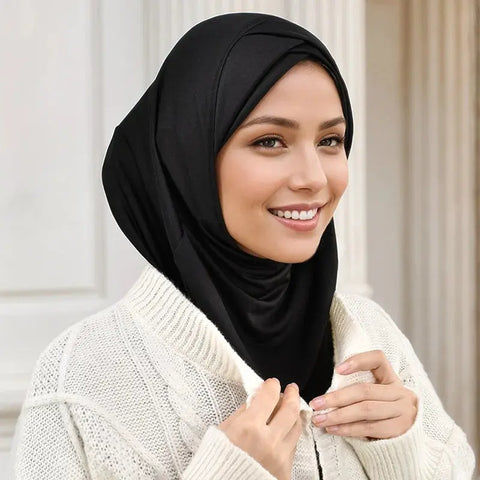 Crossed Forehead Muslim Instant Hijab Women Cotton Hijab Solid Color Crinkle Turban Soft Cotton Hemp Hijab Underscarf Cover Chin Ewkiki