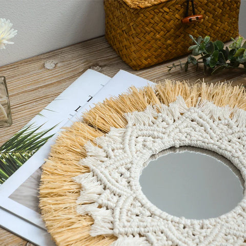 Boho Home Decoration Straw Hand-woven Mirror Wall Decoration Home Decoration Mirrors Bedroom  Macrame Wall Hanging - Ewkiki