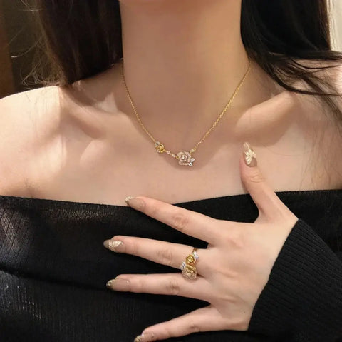 Romantic Sparkling Yellow Rose flower jewelry sets Luxury Exquisite Wedding Engagement inlay Diamond Bracelet Necklace Ring Ewkiki