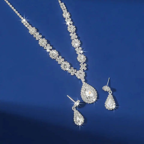 2pcs/set Jewelry Sets Women Elegant Waterdrop Rhinestone Pendant Necklace stud Earrings Wedding Dress Bridal Jewelry Set Ewkiki