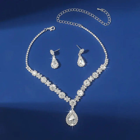 2pcs/set Jewelry Sets Women Elegant Waterdrop Rhinestone Pendant Necklace stud Earrings Wedding Dress Bridal Jewelry Set Ewkiki