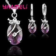 New Fashion Vintage Jewelry Sets For Women 925 Sterling Silver Crystal Stone Pendant Charms Wedding Necklace Hoop Earrings Ewkiki