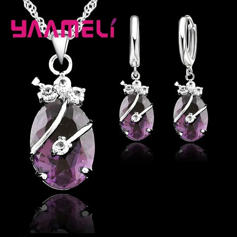 New Fashion Vintage Jewelry Sets For Women 925 Sterling Silver Crystal Stone Pendant Charms Wedding Necklace Hoop Earrings Ewkiki