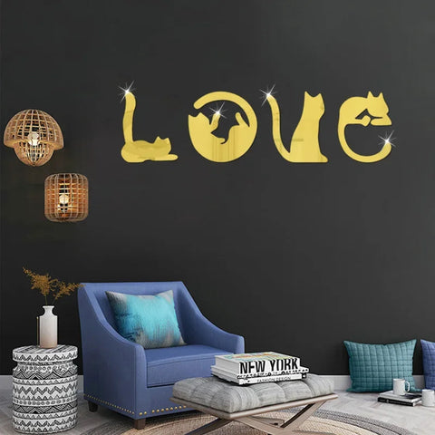 3D LOVE Cat Mirror Wall Sticker Acrylic Paste Home Decoration Cats Wallpaper Bathroom Bedroom Living Door Modern Home Decoration Ewkiki