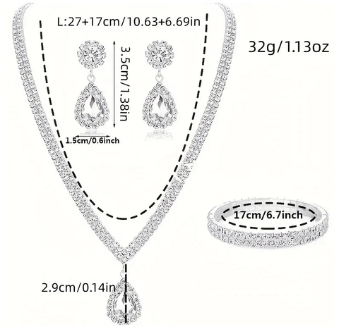 4 Pieces Luxurious Jewelry Set Exquisite Rhinestone Pendant Elegant Women's Crystal Silver Plated Necklace Earrings Bracelet Set Ewkiki