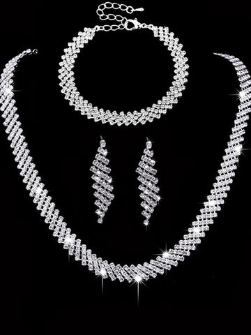 4 Bridal Jewelry Set Rhinestone Necklace Earrings Bracelet Women's Accessories Ewkiki