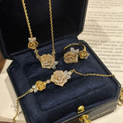 Romantic Sparkling Yellow Rose flower jewelry sets Luxury Exquisite Wedding Engagement inlay Diamond Bracelet Necklace Ring Ewkiki