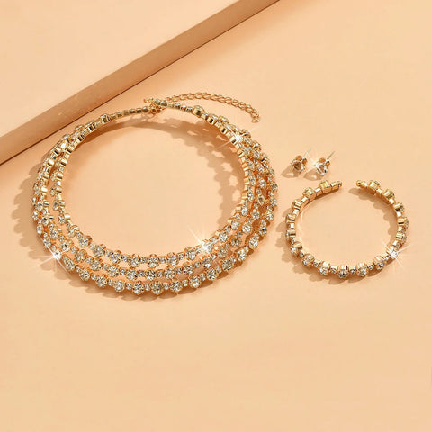 4-piece women's jewelry set with rhinestones, multi-layer collars, earrings, bracelets, wedding party accessories Ewkiki